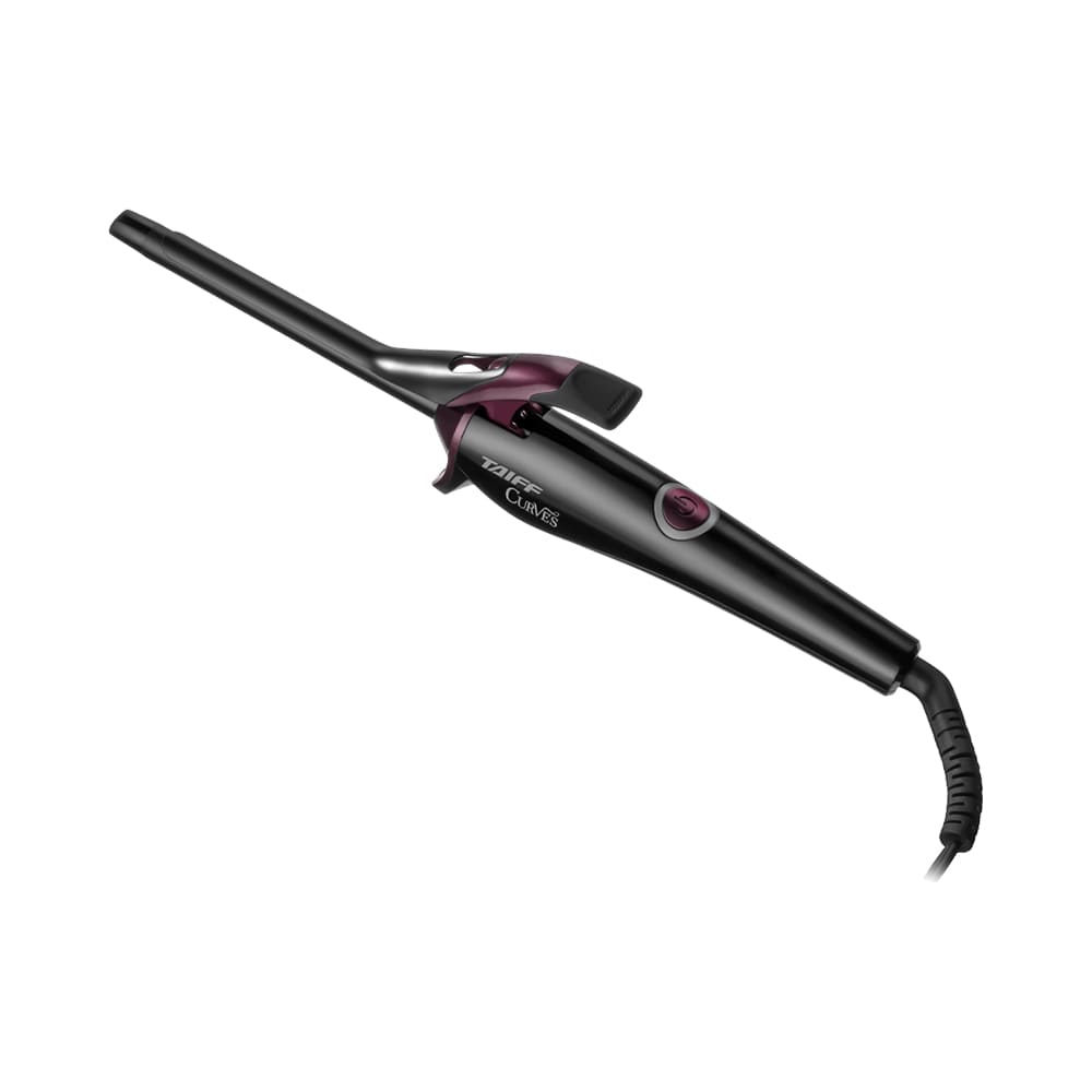 Modelador Taiff Curves 1/2 Bivolt 13mm preto com detalhes em vinho, botão liga/desliga visível