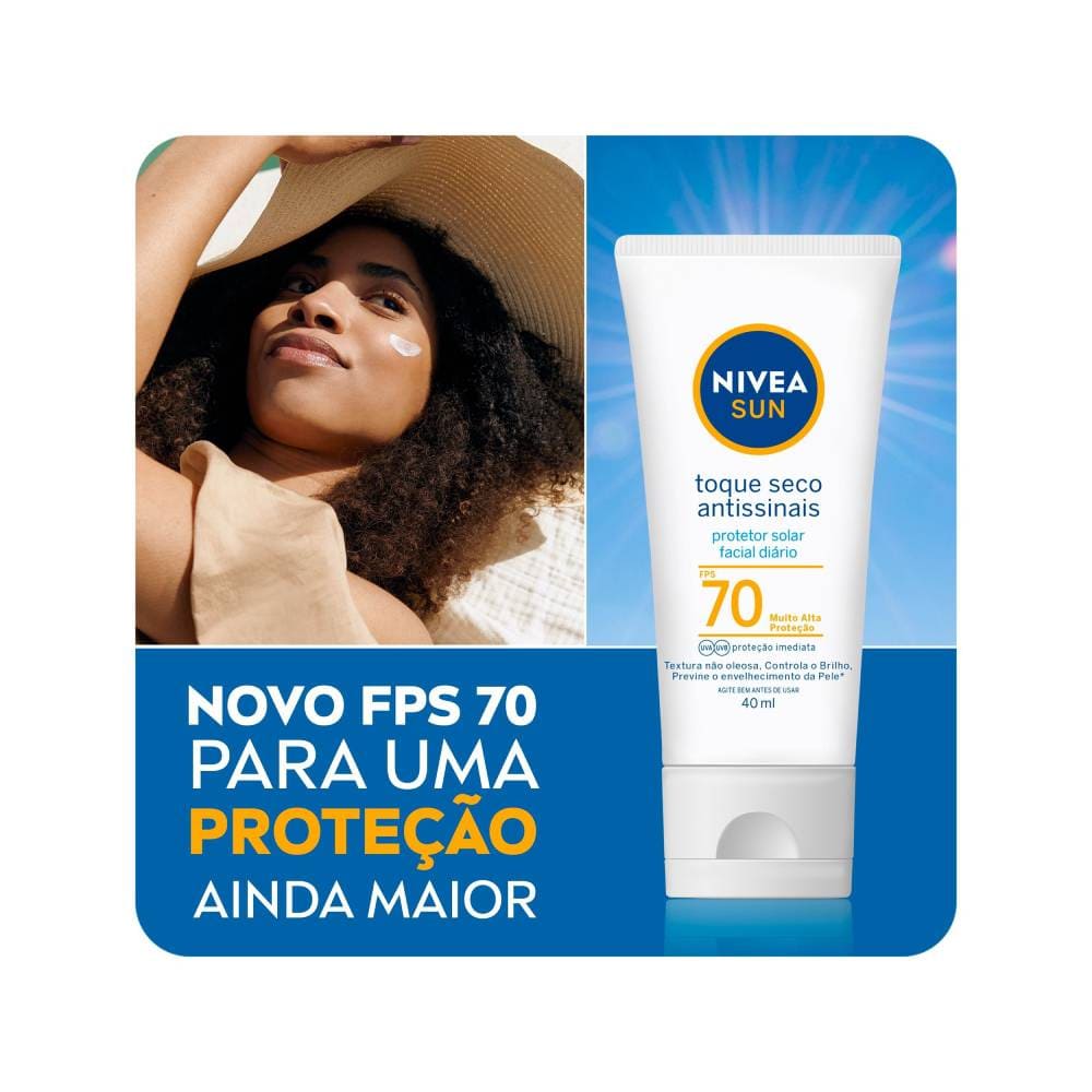 Uso do protetor solar Nivea Sun no rosto e destaque do produto