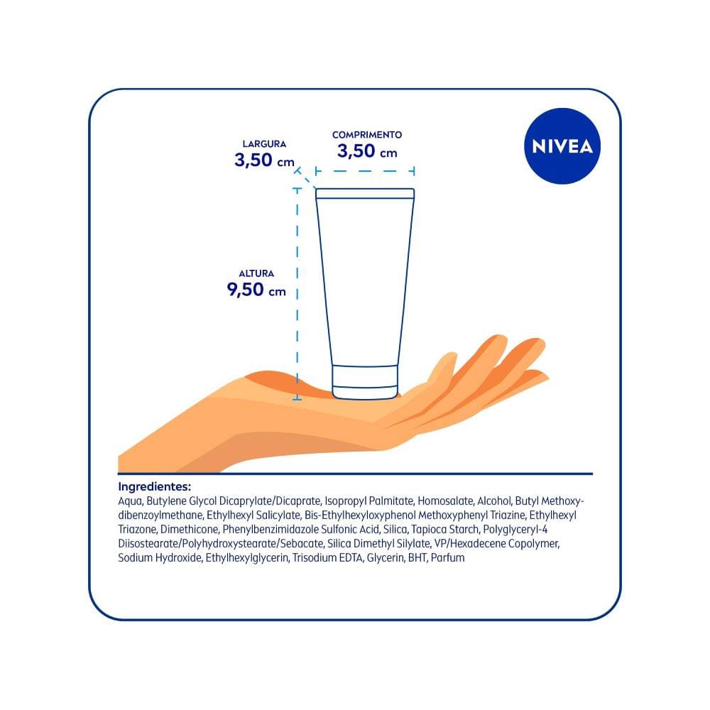 Imagem com dimensões e ingredientes do protetor solar Nivea Sun Toque Seco FPS 30 40ml