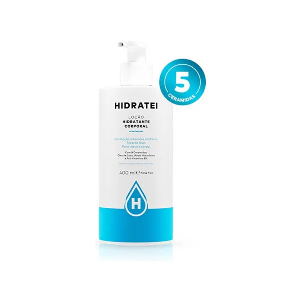 Frasco Hidratei 400ml com selo 5 ceramidas e descrição dos ativos