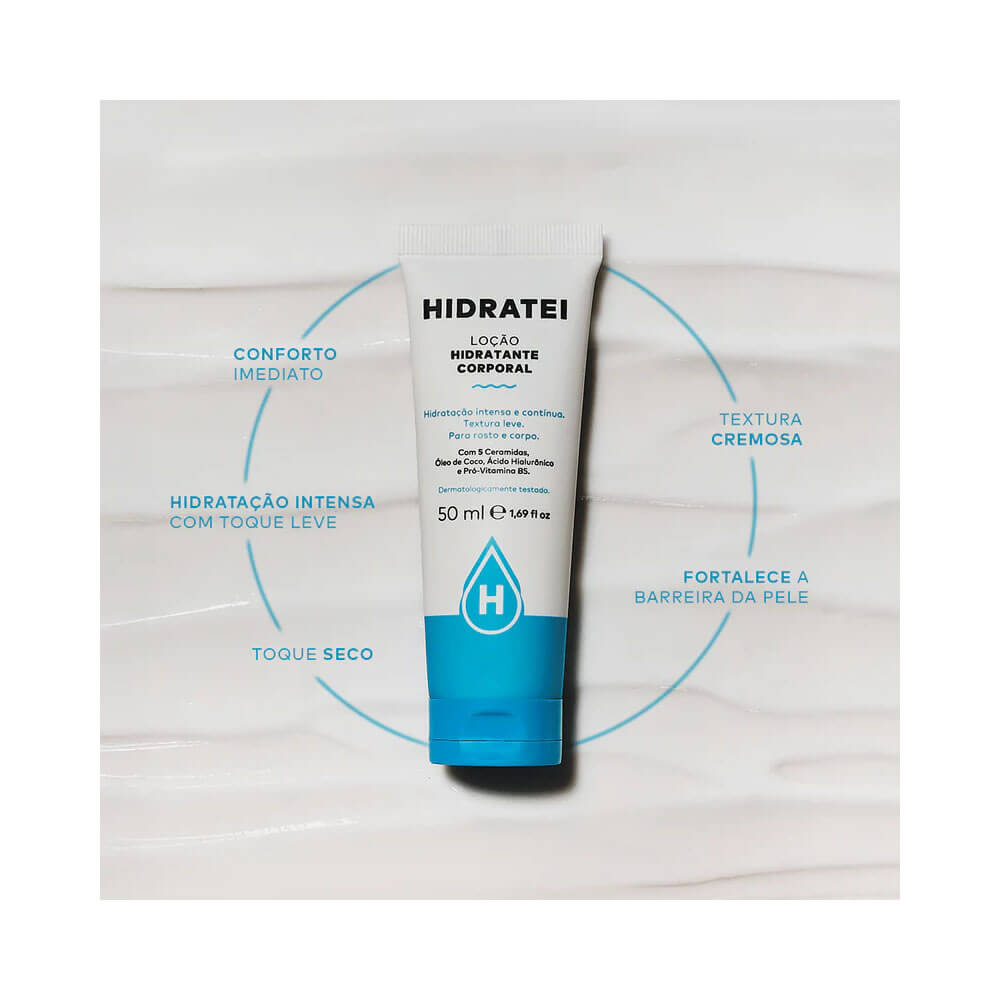 Tubo Hidratei 50ml com destaque para atributos do produto