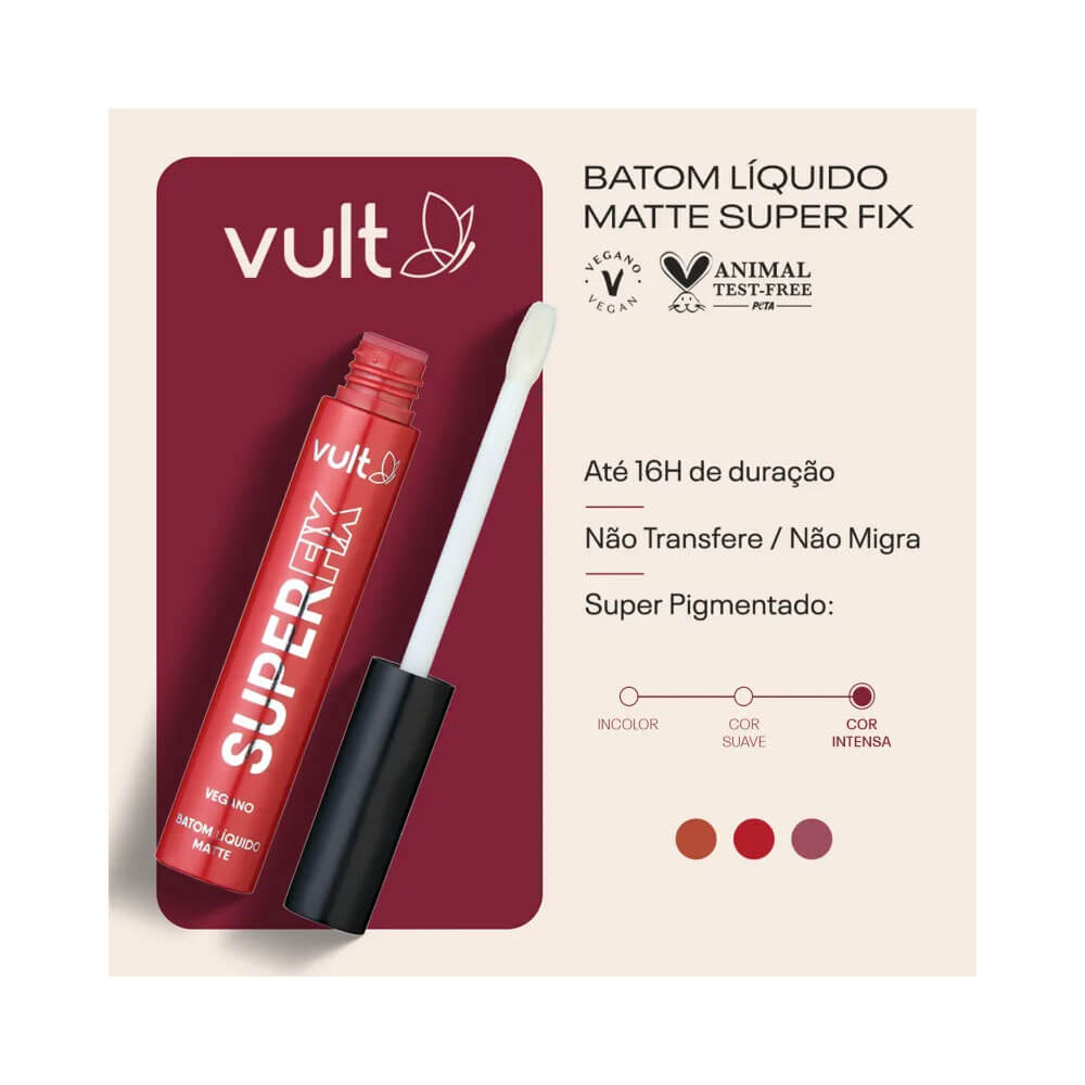 Batom Vult Super Fix aberto com informações de duração e resistência