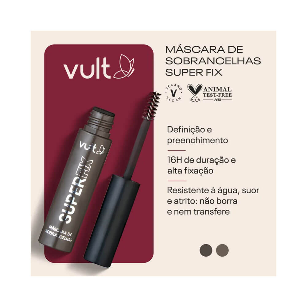 Máscara de Sobrancelhas Vult Super Fix aberta destacando aplicador e características