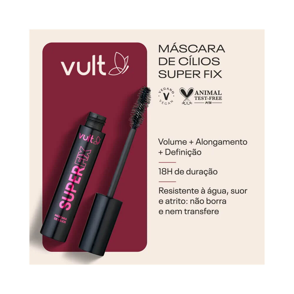 Máscara Vult Super Fix aberta com aplicador mostrando resistência à água e ícones vegano