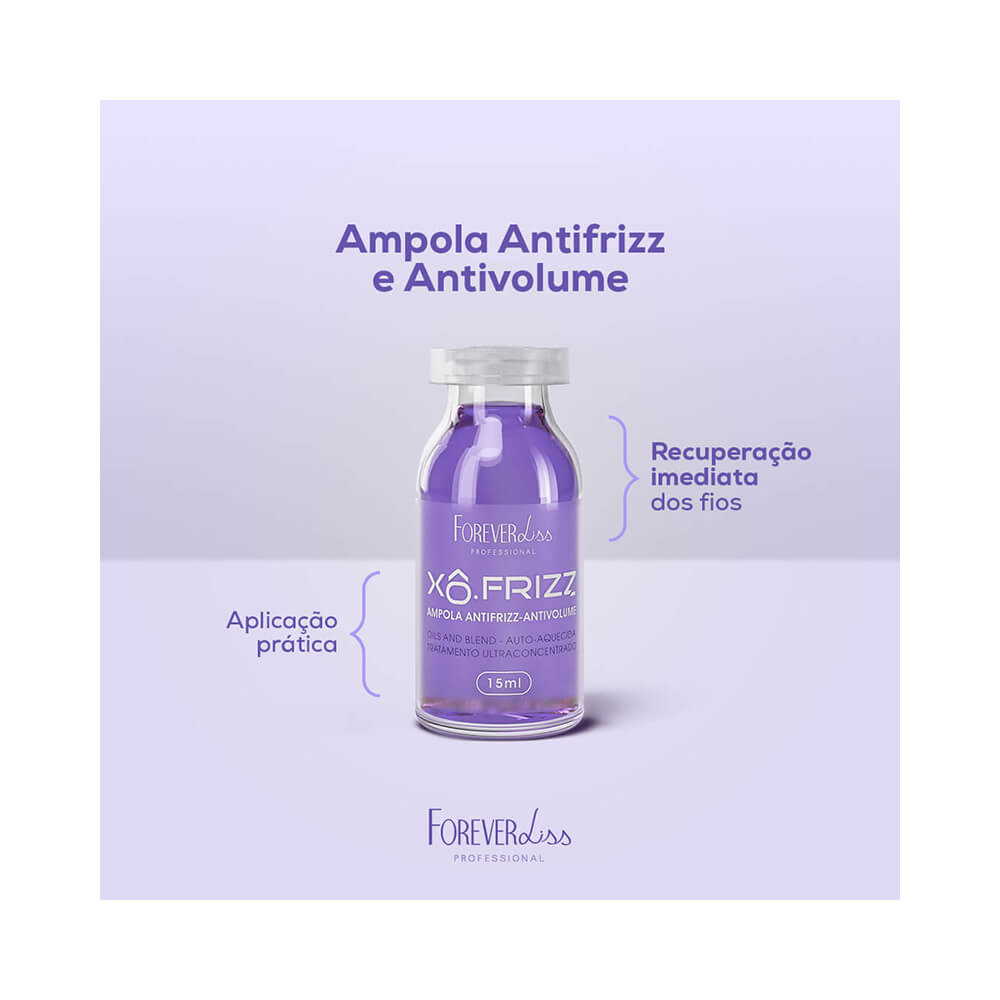 Duas ampolas Forever Liss Xô Frizz 15ml com líquido roxo derramando