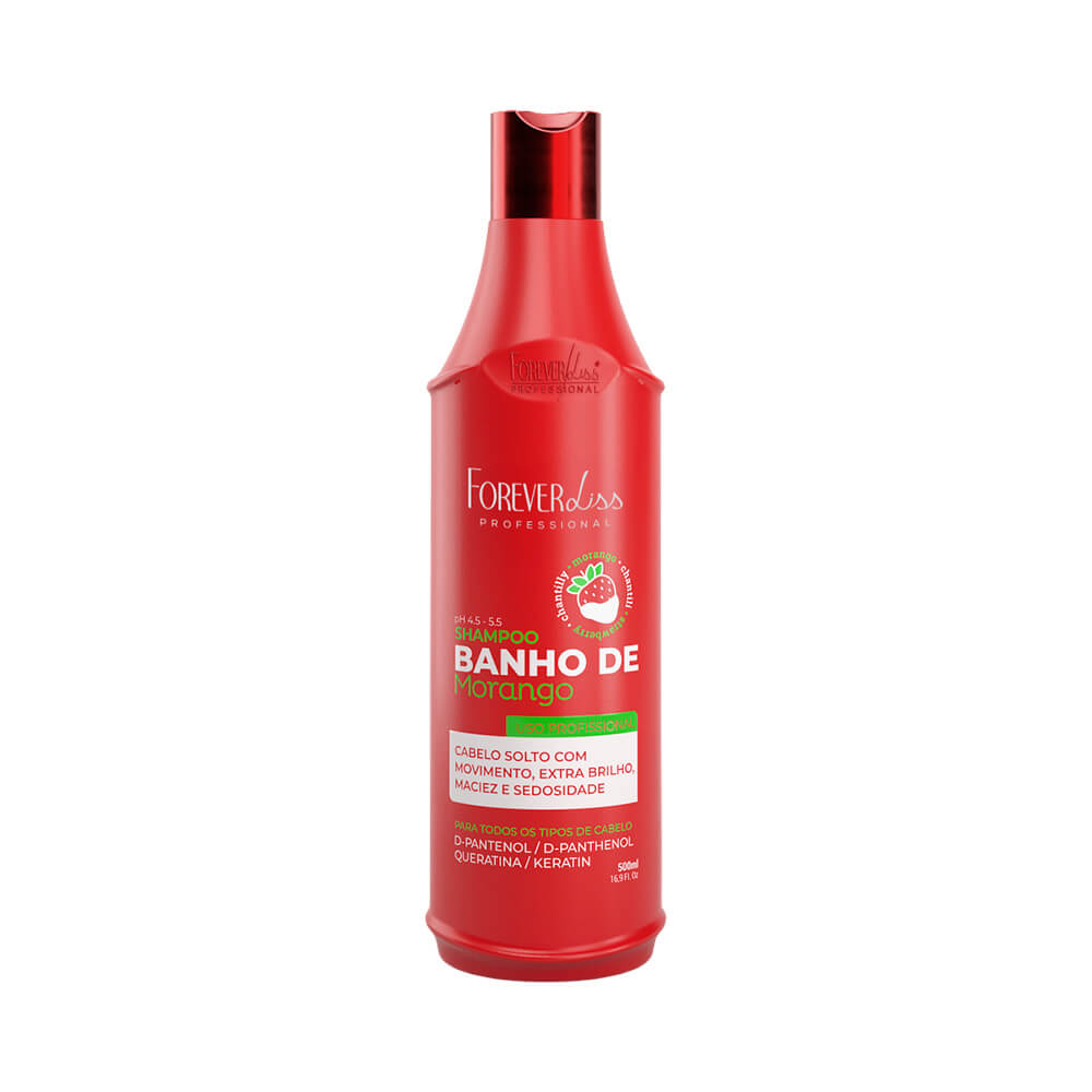 Frontal do shampoo Forever Liss Banho de Morango 500ml, embalagem vermelha
