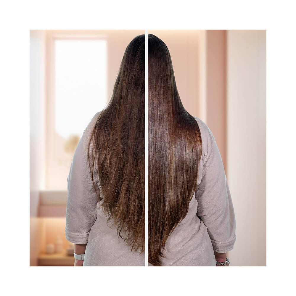 Comparação antes e depois do uso do leave-in mostrando cabelo mais liso e brilhante
