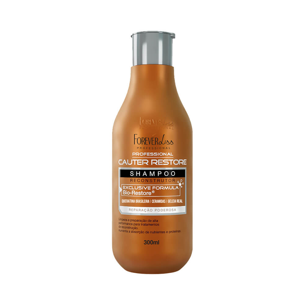 Frontal do shampoo Forever Liss Cauter Restore 300ml, embalagem bronze com tampa prata