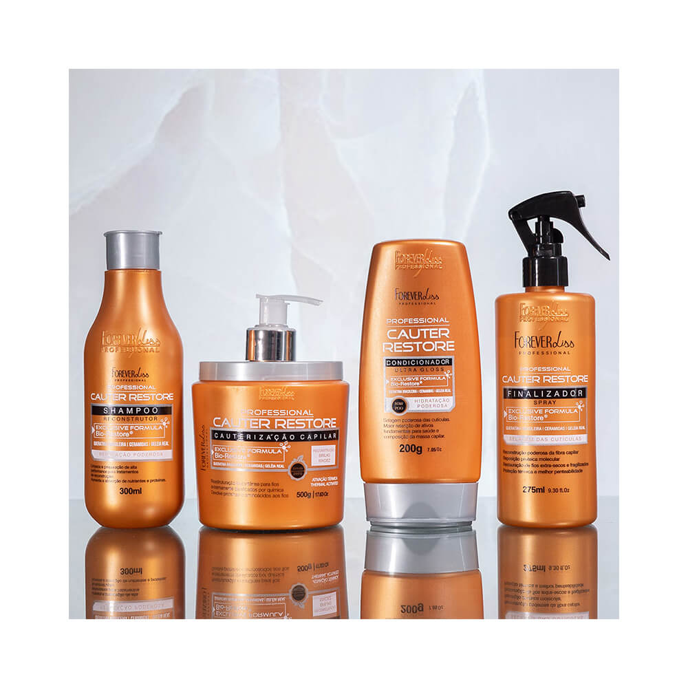 Produtos da linha Cauter Restore alinhados sobre superfície reflexiva