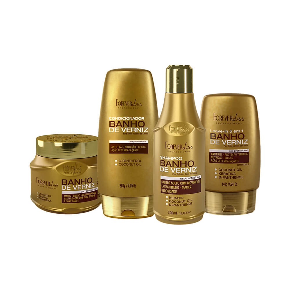 Kit Forever Liss Banho de Verniz 4 itens: shampoo, condicionador, máscara e leave-in
