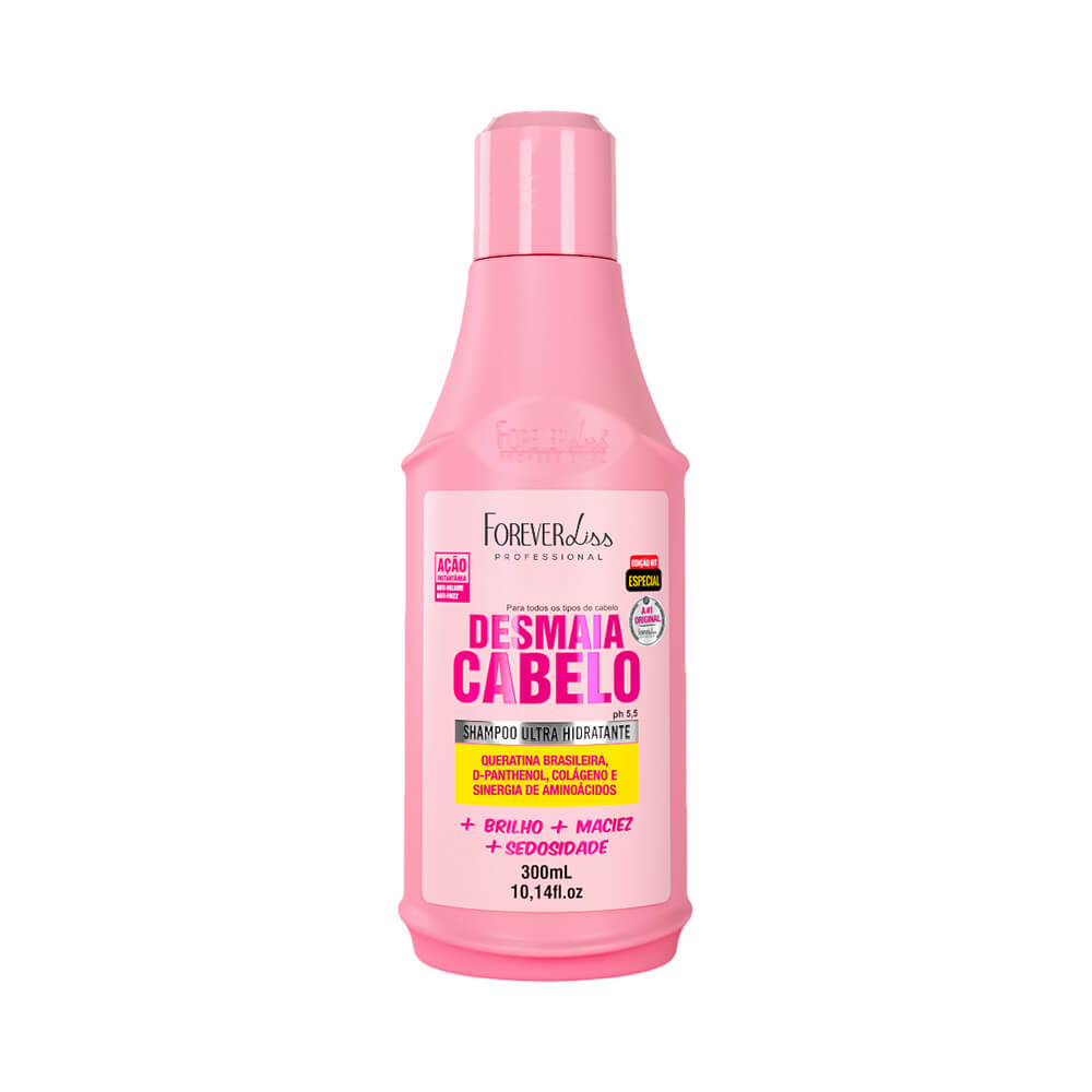 Frontal do shampoo Forever Liss Desmaia Cabelo 300ml, embalagem rosa com texto em rosa, amarelo e preto, fundo branco.
