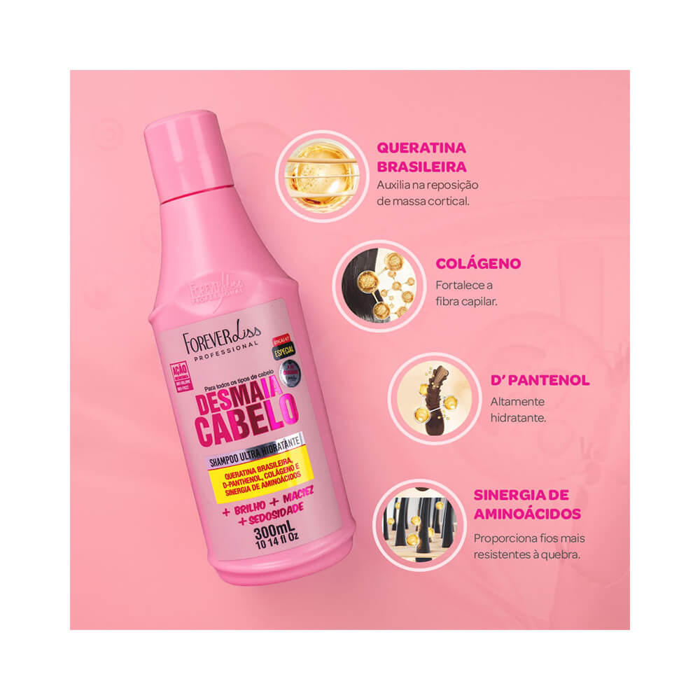 Shampoo Forever Liss Desmaia Cabelo 300ml em fundo rosa, com destaque para ingredientes: queratina, colágeno, D'Panthenol e aminoácidos.