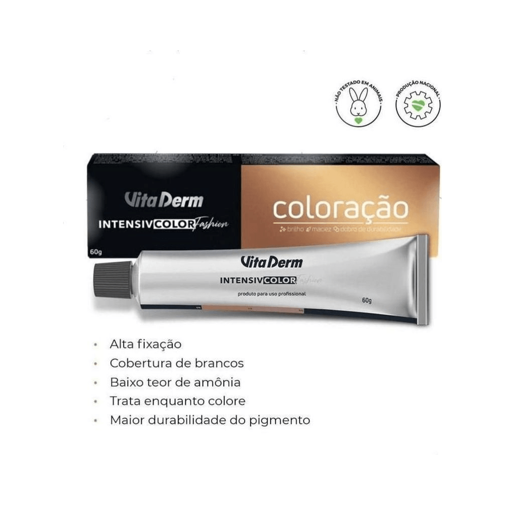 Caixa preta e dourada com tubo prateado Vita Derm e ícones de benefícios