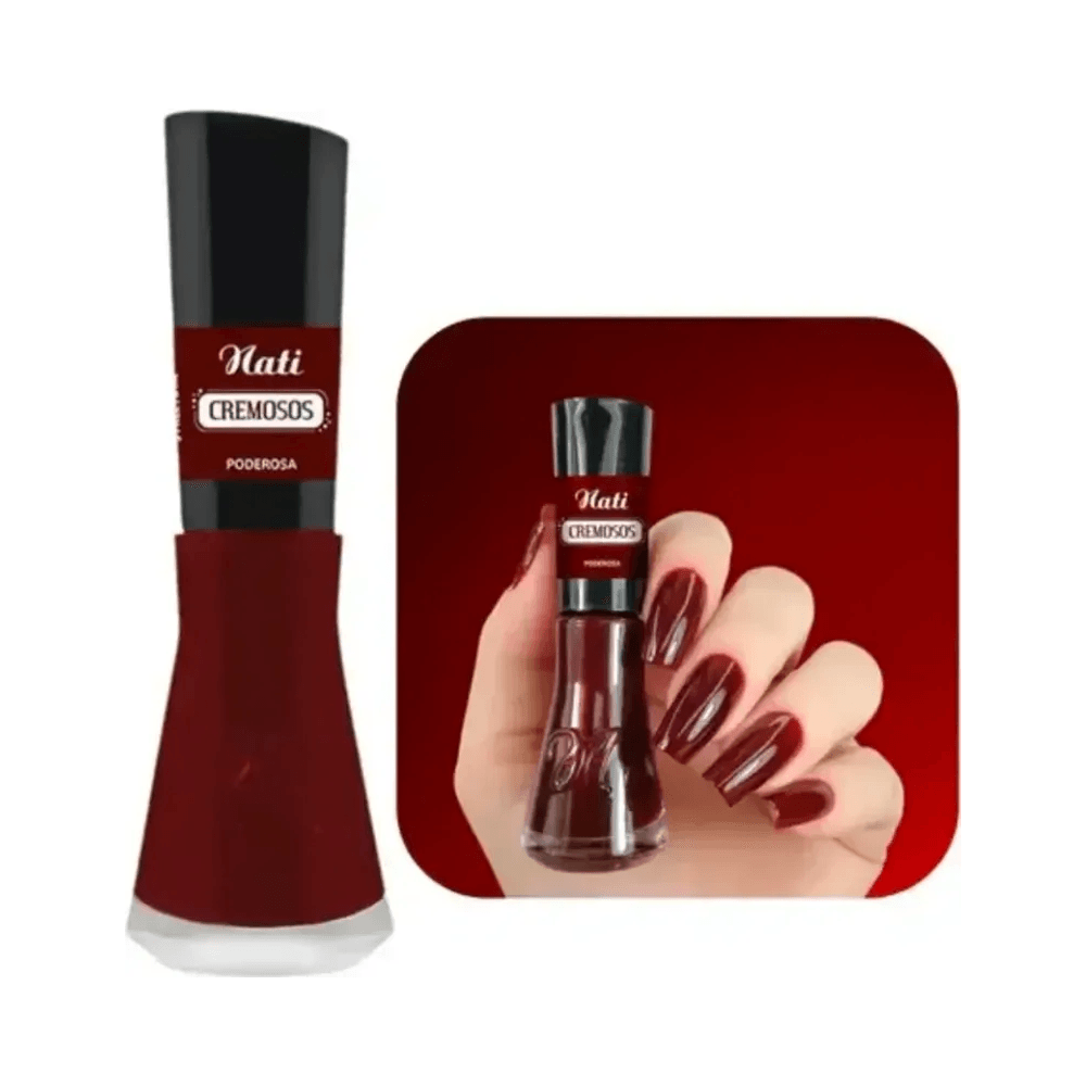 Frasco de Esmalte Nati Cremosos Poderosa ao lado de imagem de unhas pintadas no mesmo tom