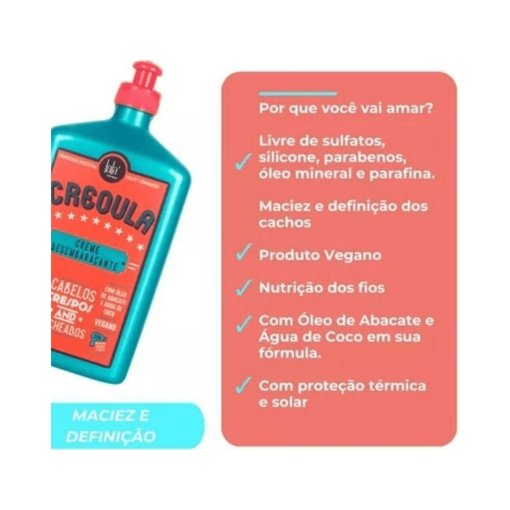 Frasco Creoula inclinado e painel com benefícios do produto