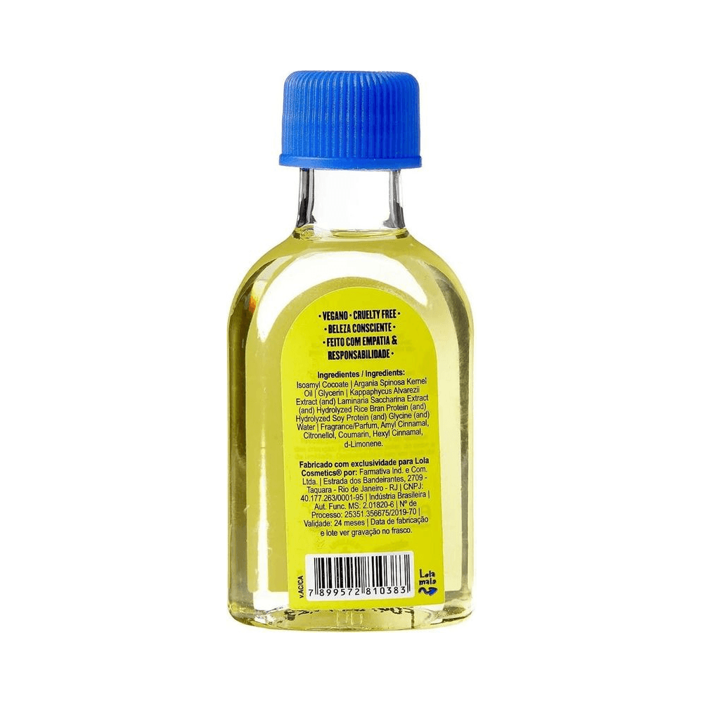 Verso do frasco do Óleo de Argan Lola mostrando rótulo e selos