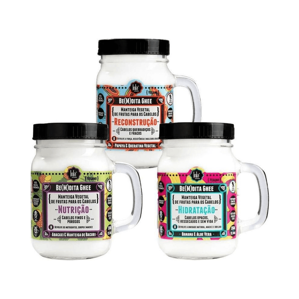 Conjunto de três potes Lola Be(M)Dita Ghee com ingredientes naturais e selos veganos