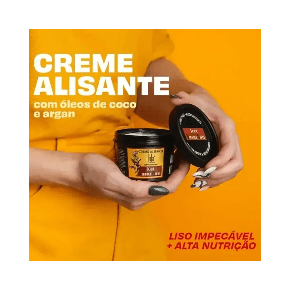Pote aberto do Creme Alisante Lola Vintage Girls 100g com destaque para óleos de coco e argan