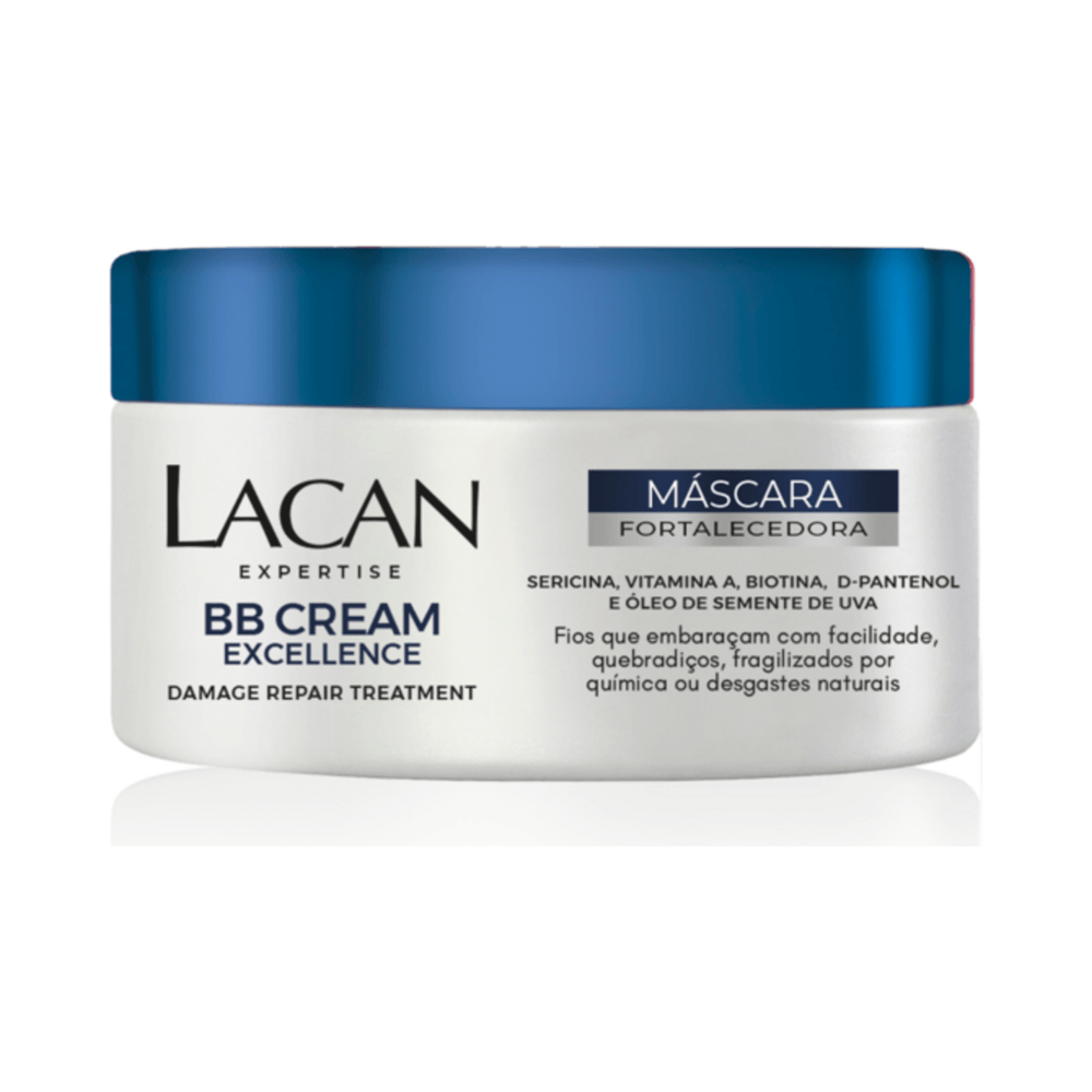 Close do pote Lacan BB Cream Excellence 300g com tampa azul