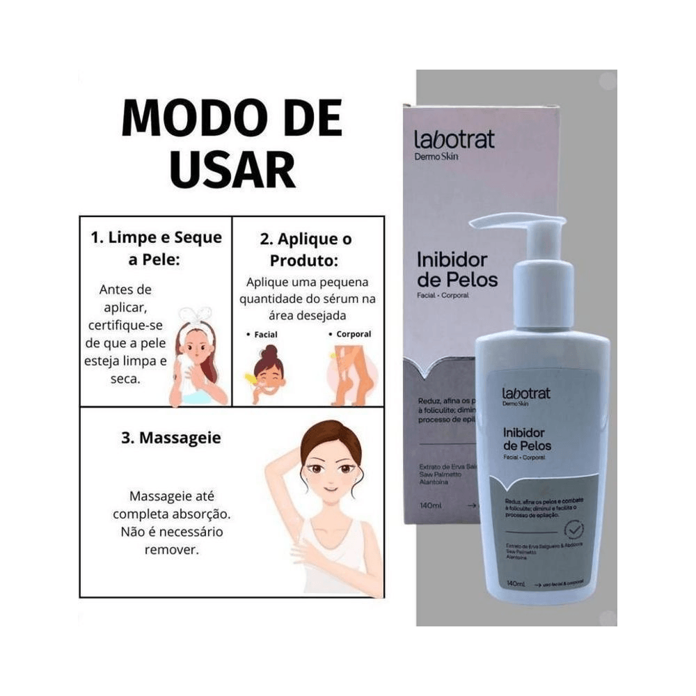 Instruções de uso e imagem do frasco do Inibidor de Pelos Labotrat 140ml