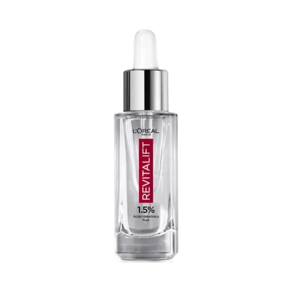 Close do frasco de vidro do sérum Revitalift Hialurônico 15ml com conta-gotas