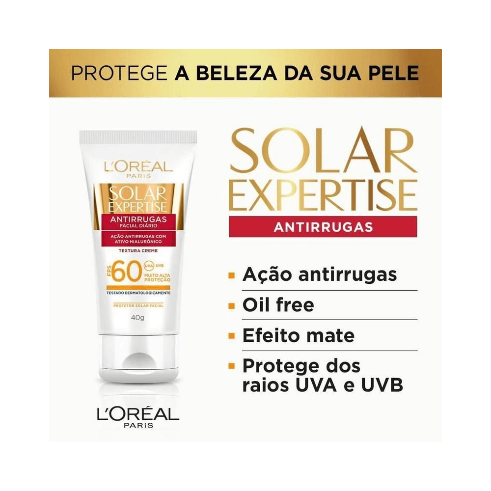 Imagem promocional do protetor solar L'Oréal Paris Solar Expertise Antirrugas FPS 60 com destaque para efeito mate