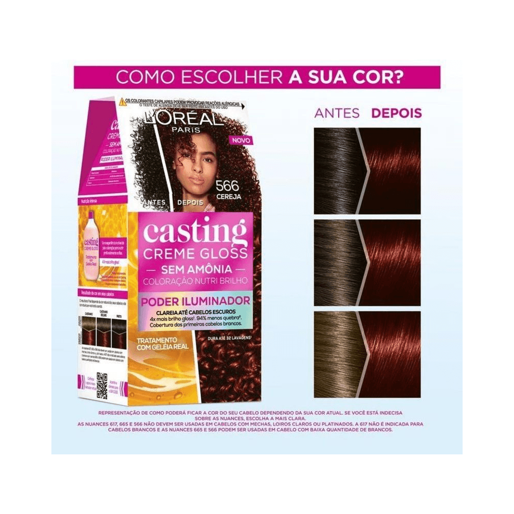 Imagem informativa do Casting Gloss 566 com amostras de cor antes/depois
