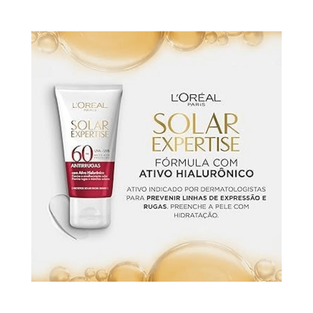 Cartaz informativo do protetor solar L'Oréal Paris Solar Expertise Antirrugas FPS 60 destacando ácido hialurônico