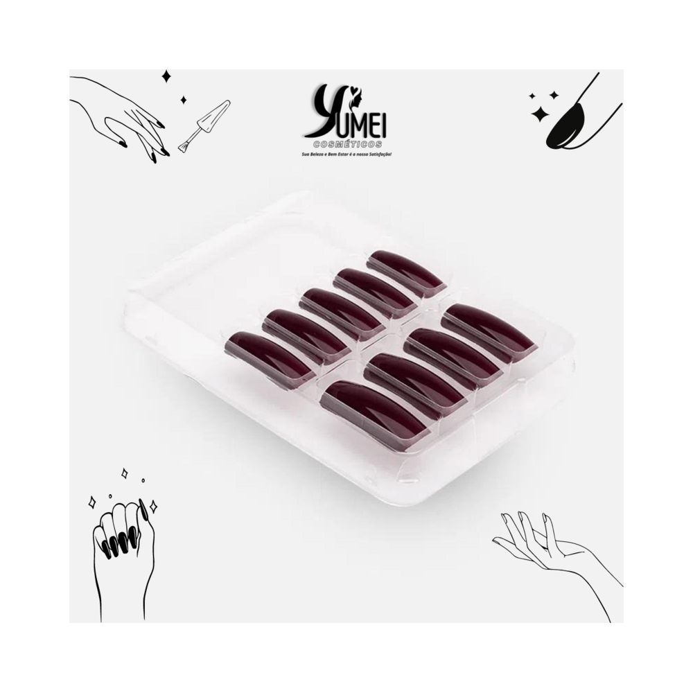 Bandeja com 10 unhas postiças Kiss New York vinho profundo mostrando curvatura e brilho