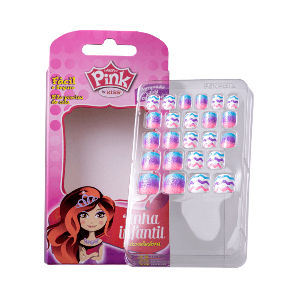 Blister com 24 unhas infantis Pink by KISS em degradê rosa, roxo e azul com glitter