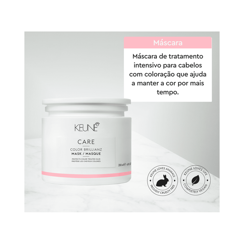 Pote fechado da Máscara Keune Care Color Brillianz com ícones cruelty-free e vegan
