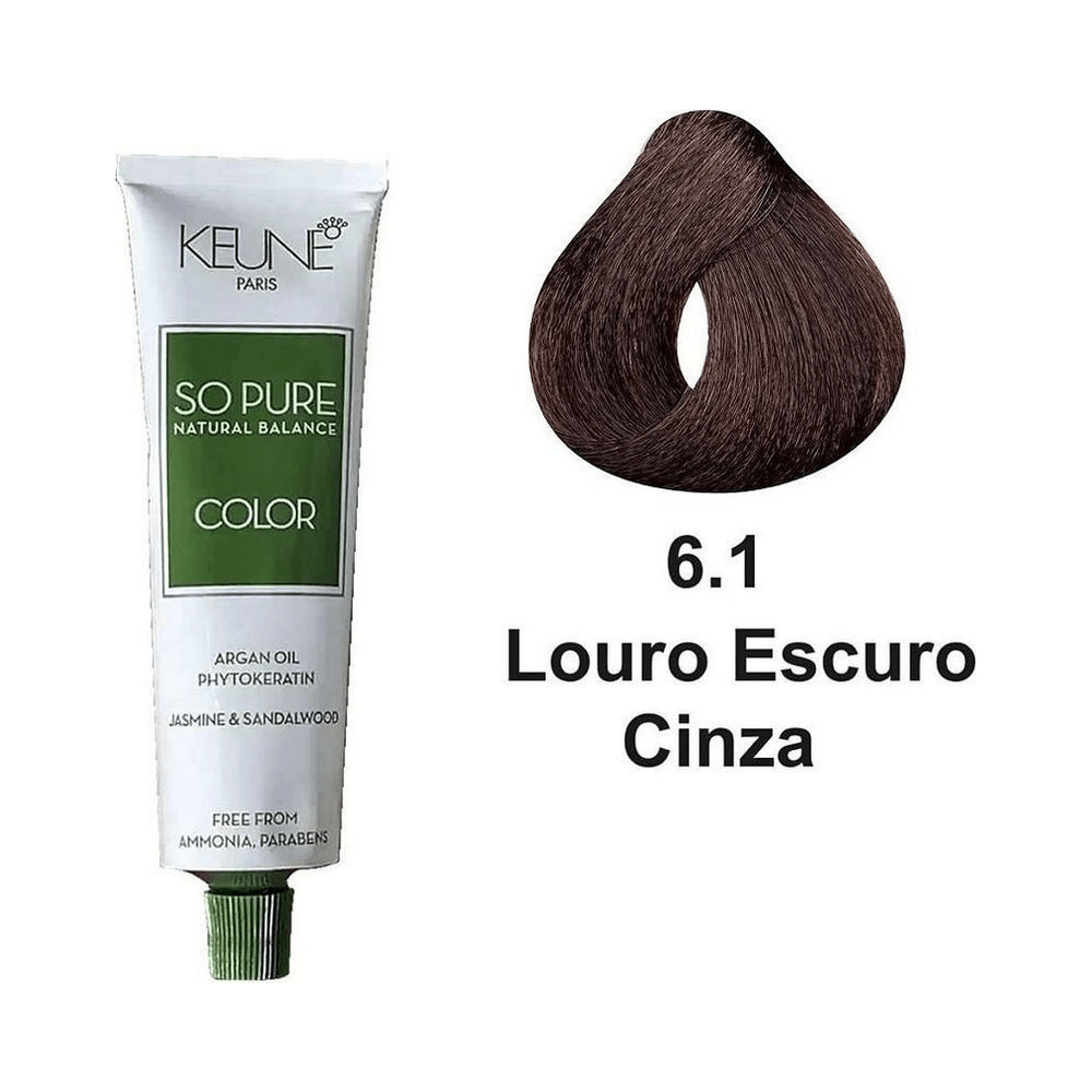 Tubo da coloração Keune So Pure Color 60ml ao lado de amostra de fio no tom 6.1