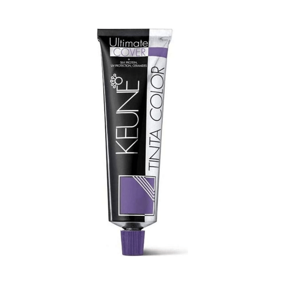 Close-up do tubo Keune Color Ultimate Cover 6.00 com rótulo preto e detalhe roxo