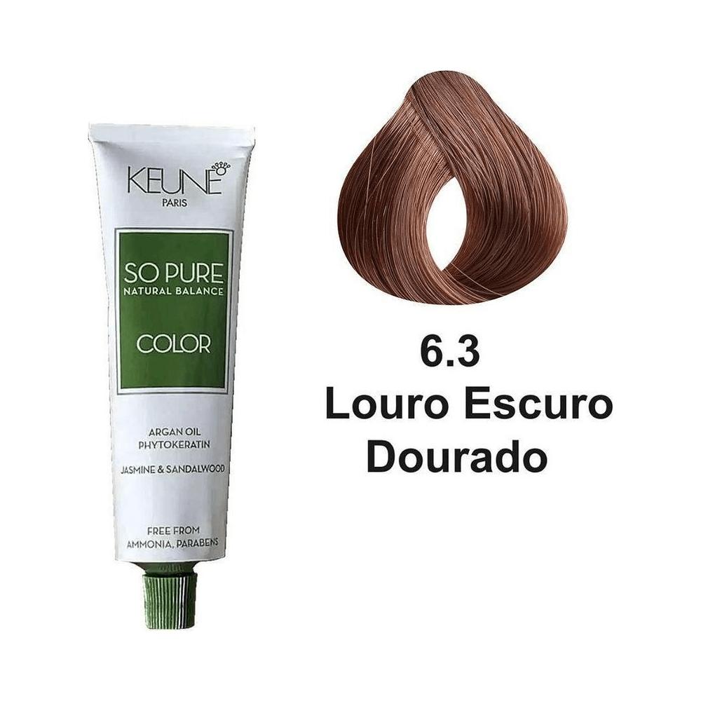 Tubo Keune So Pure Color 6.3 ao lado de amostra de fio marrom-dourado