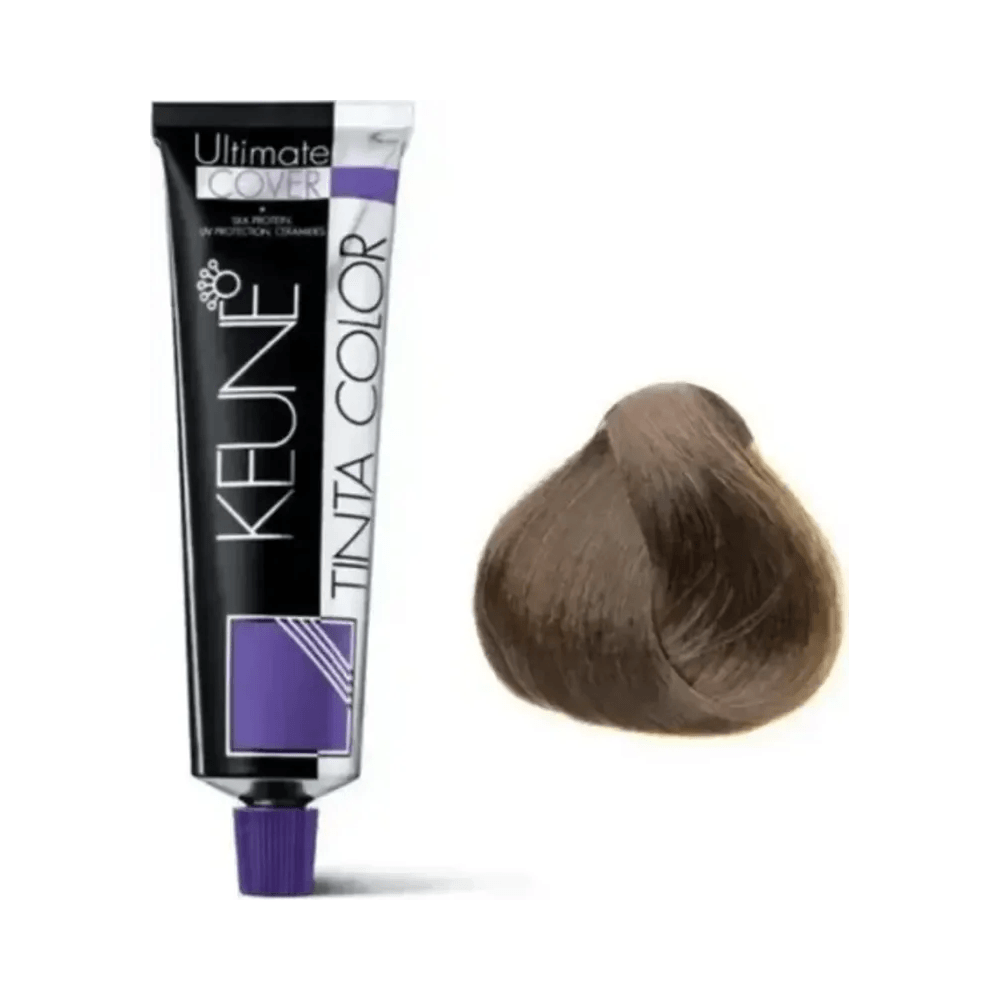 Tubo Keune Color Ultimate Cover ao lado de amostra de cor Louro Escuro