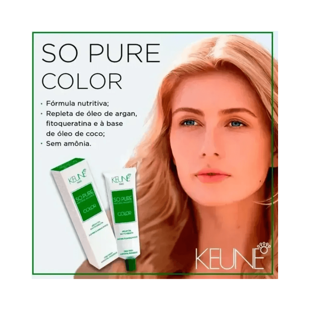 Imagem promocional Keune So Pure Color com modelo e embalagem do produto