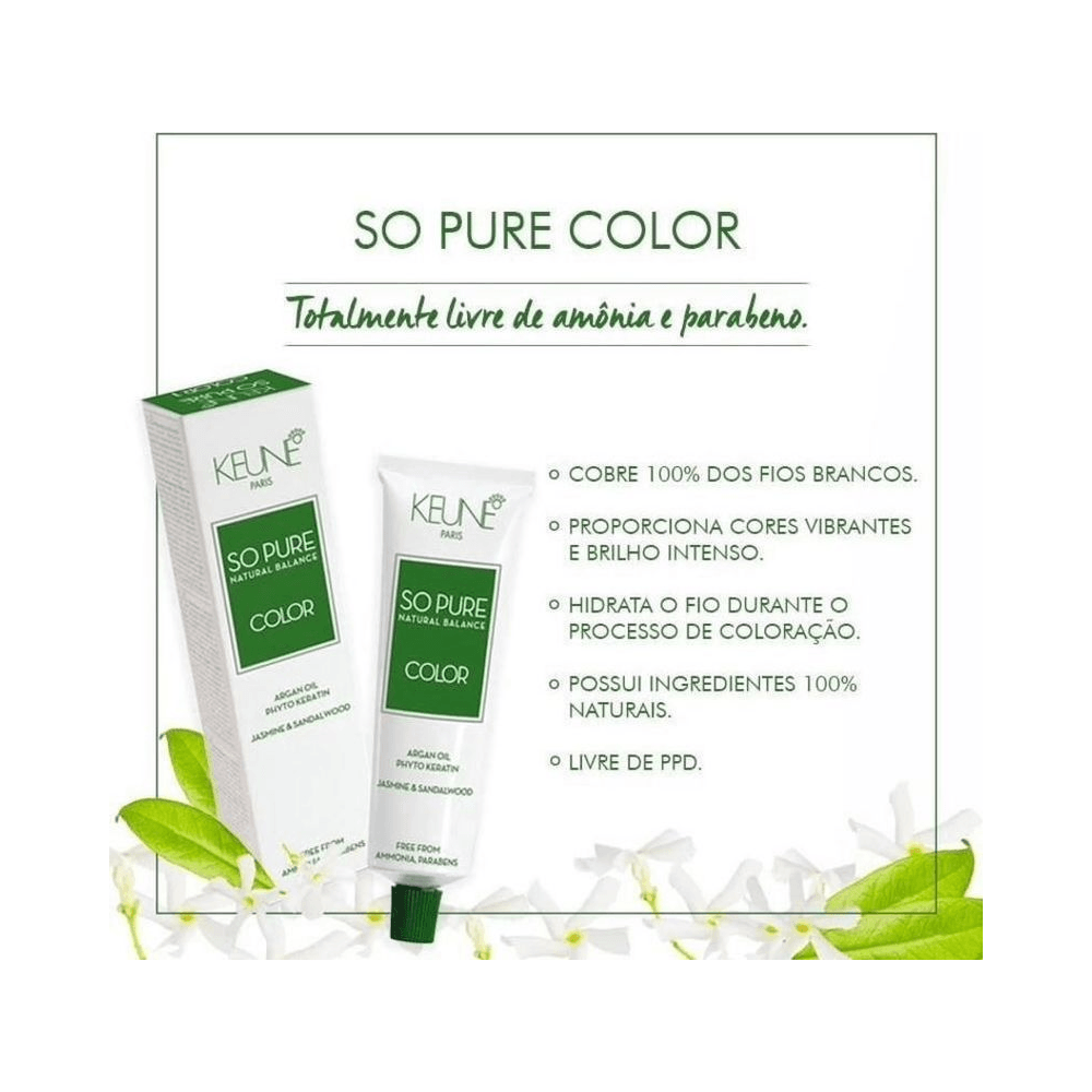 Tubo e benefícios Keune So Pure Color 60ml com lista de vantagens
