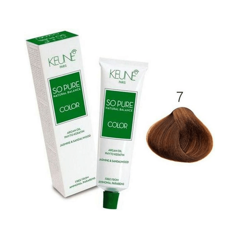 Caixa e tubo Keune So Pure Color 60ml com amostra de mecha tom 7