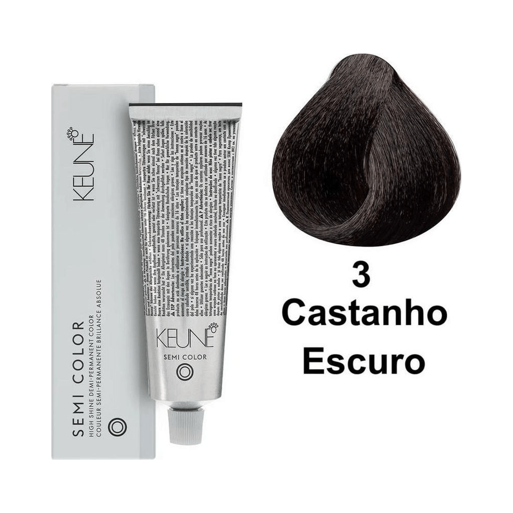 Caixa, tubo e amostra de mecha Castanho Escuro 3 Keune Semi Color 60ml