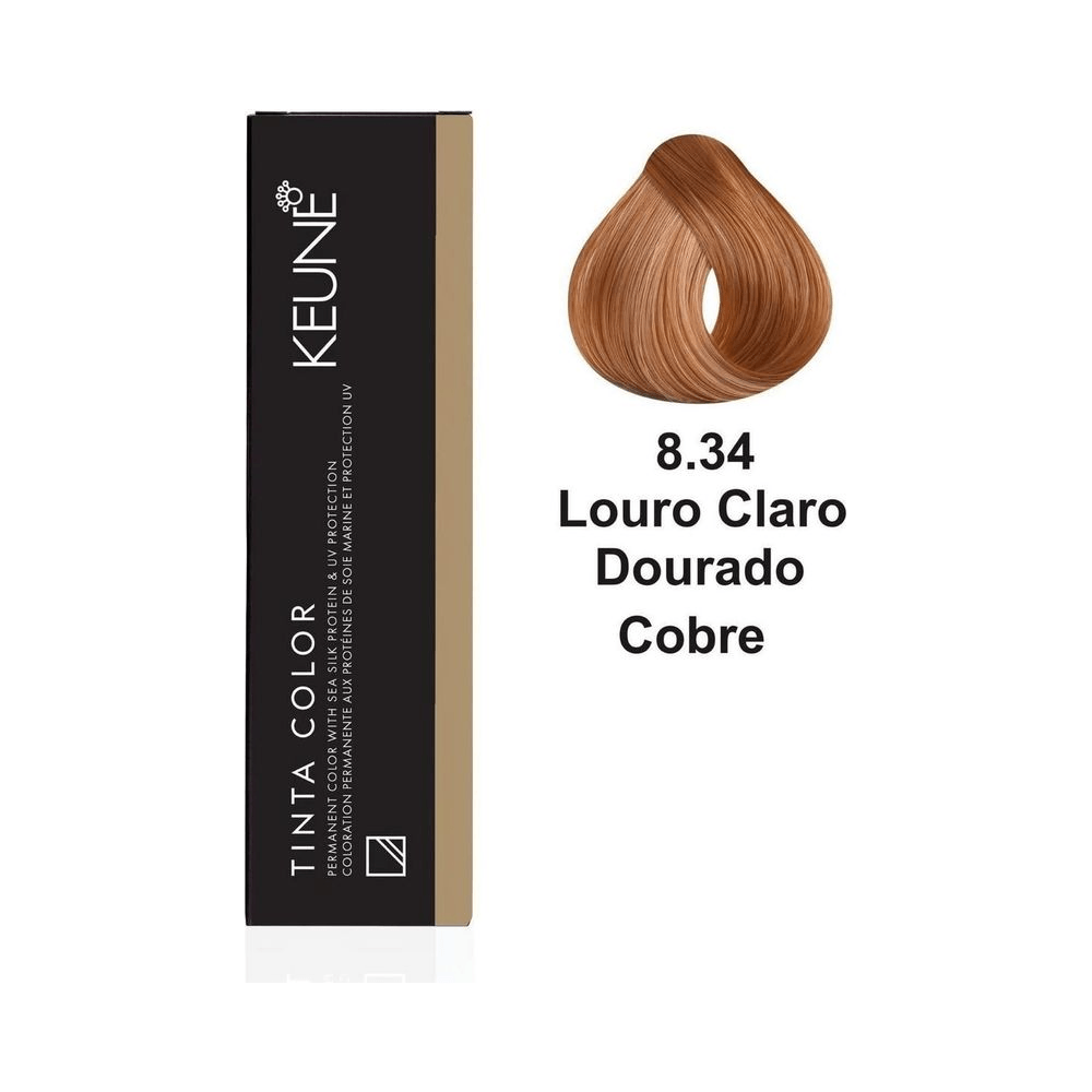 Caixa Keune Tinta Color 8.34 ao lado de mecha cobre