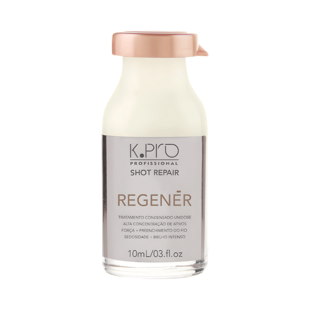 Close da ampola K.Pro Regenér Shot Repair mostrando rótulo e tampinha rosé