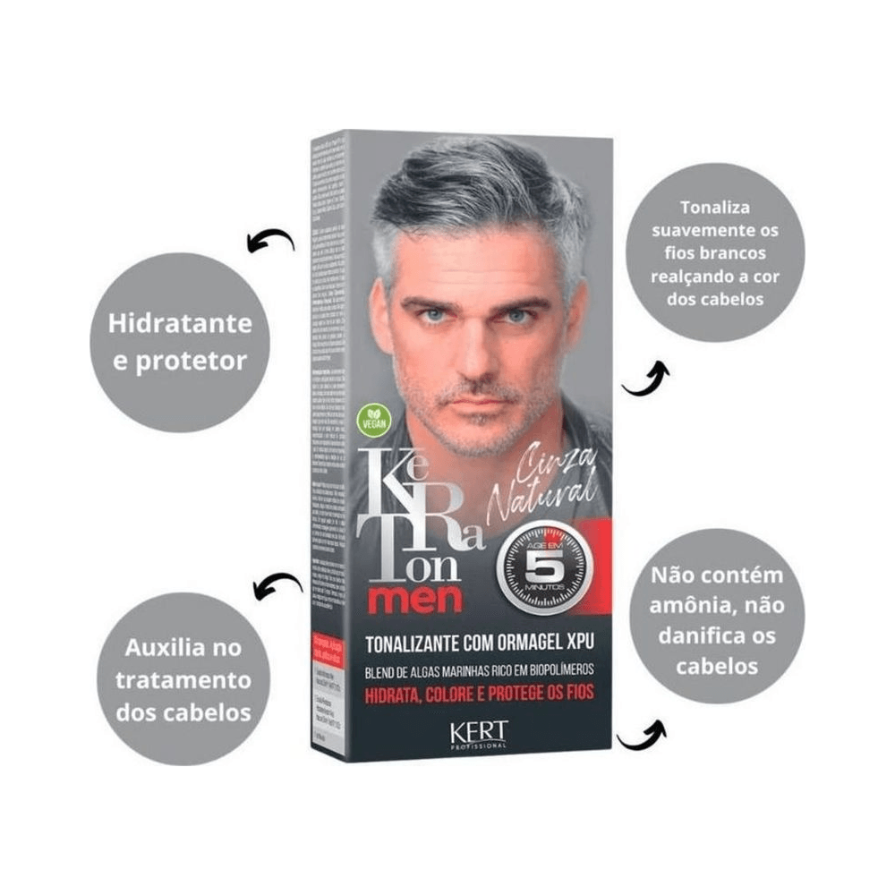 Imagem promocional Keraton Men Cinza Natural com ícones explicativos