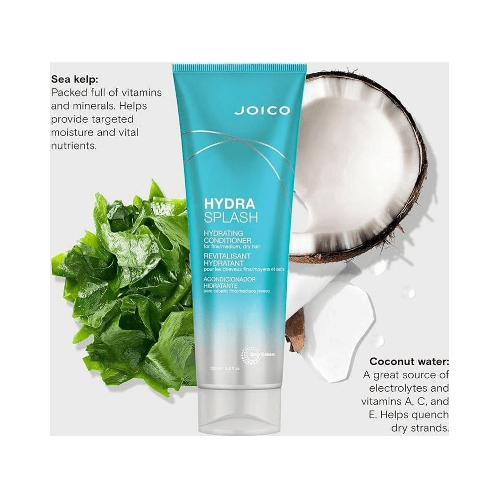 Condicionador Joico Hydra Splash com ingredientes naturais: alga marinha e coco