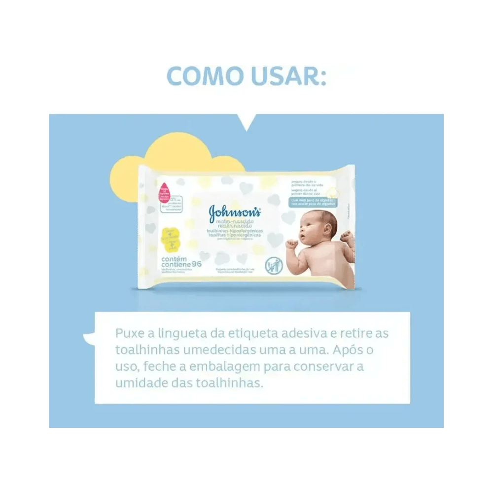 Imagem instrucional de uso das toalhinhas Johnson's Baby com instruções de puxar pela aba e conservar a umidade