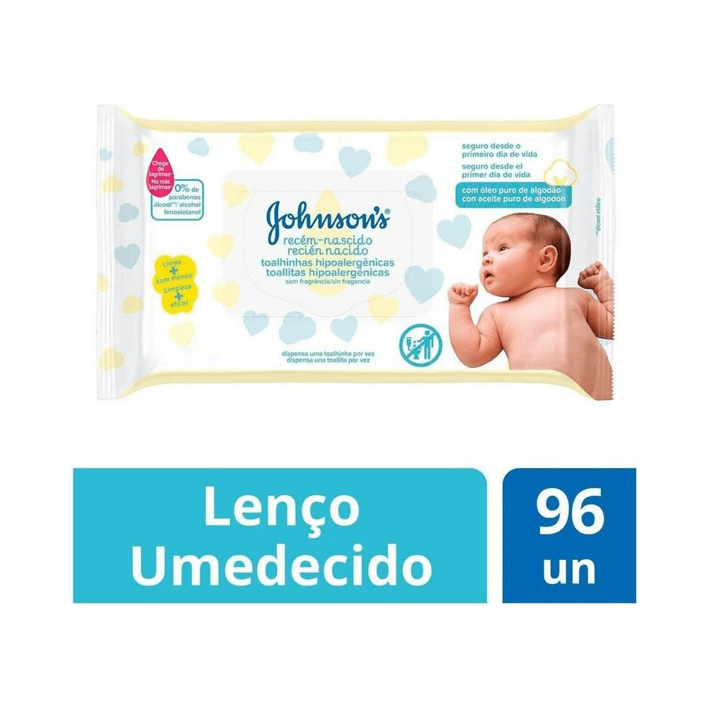 Embalagem frontal dos lenços umedecidos Johnson's Baby 96 un, sem fragrância