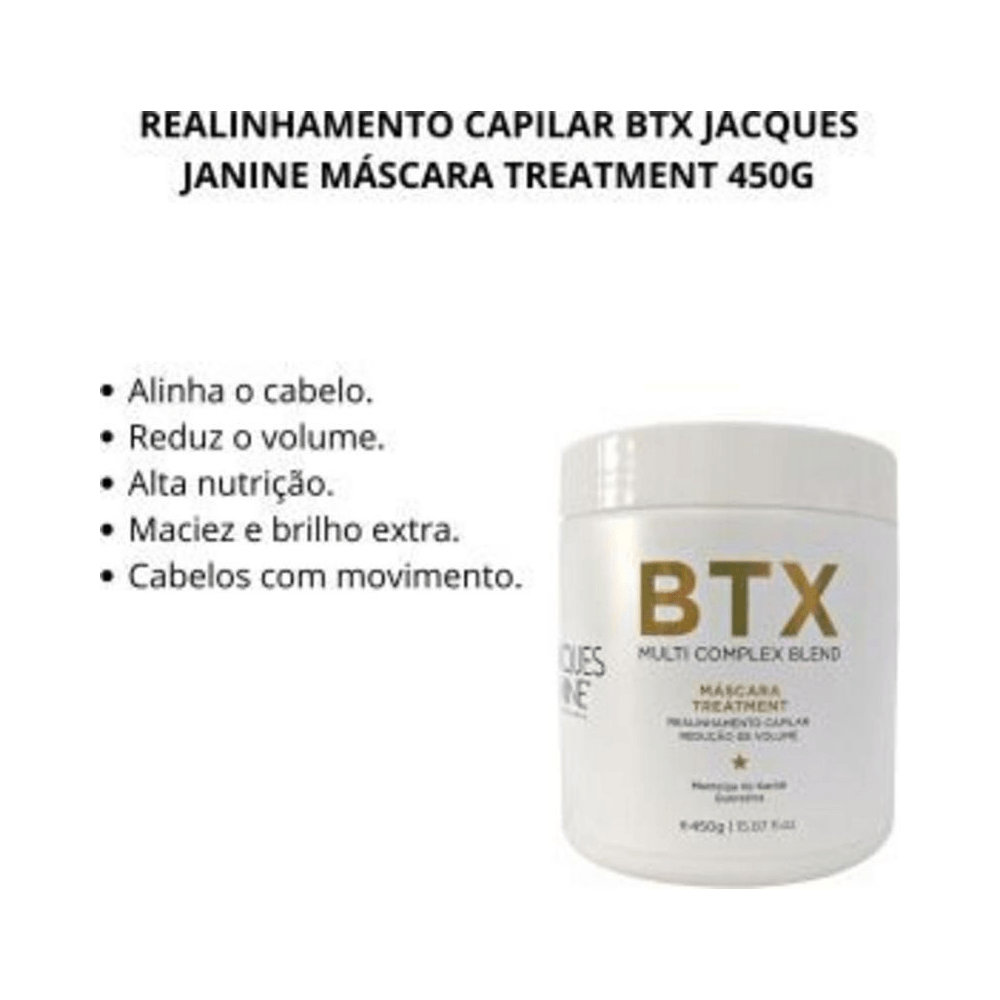 Pote do Btx com lista de benefícios: alinha, reduz volume, nutrição e brilho