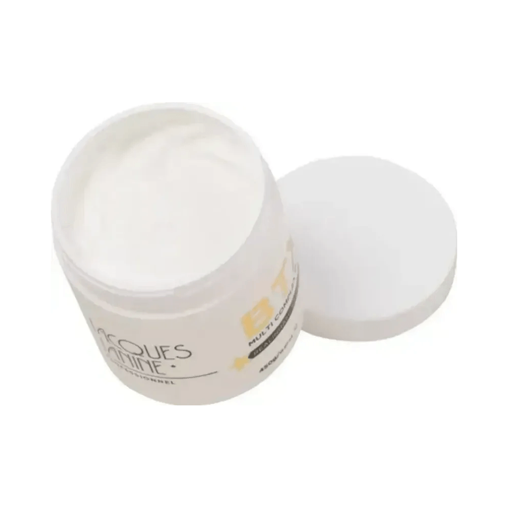 Pote aberto mostrando a textura cremosa branca da máscara Btx Jacques Janine 450g