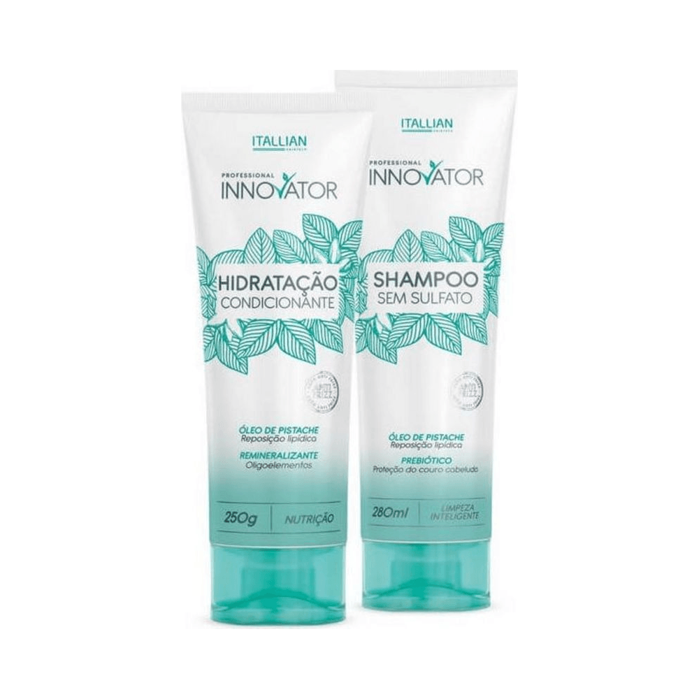 Dois frascos Itallian Innovator: shampoo 280ml e hidratação 250g com rótulo branco e detalhes verde-água