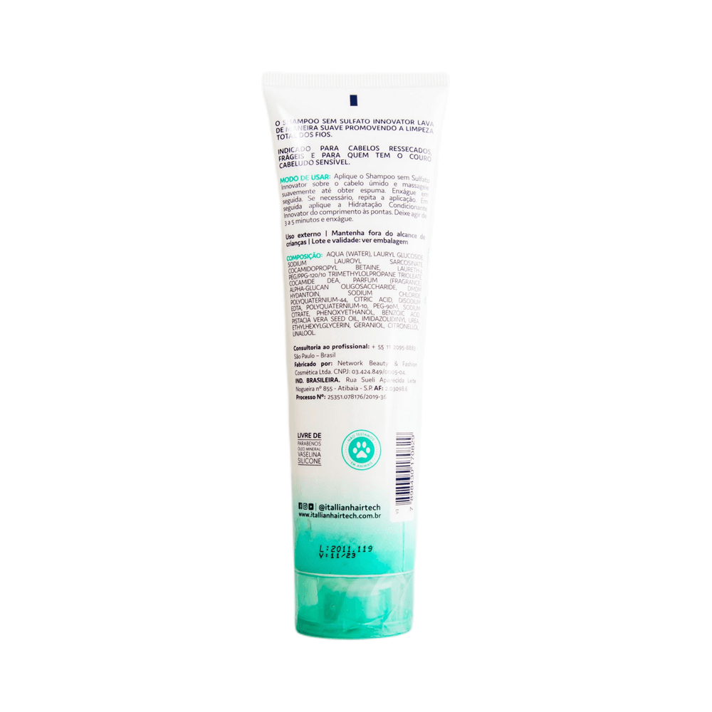 Verso do frasco com instruções e composição do Shampoo Sem Sulfato Itallian Innovator