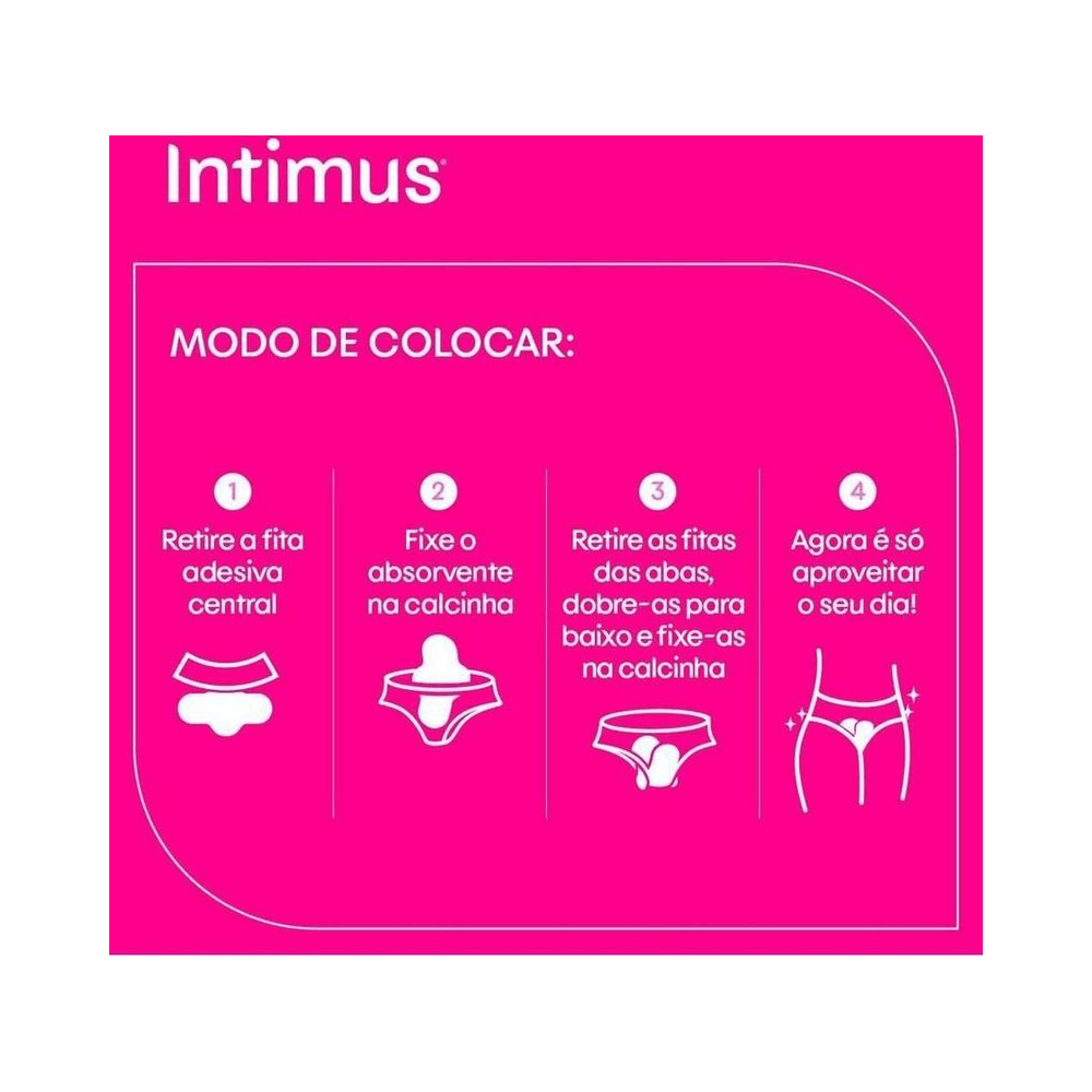 Placa instrutiva com 4 passos para uso do absorvente Intimus